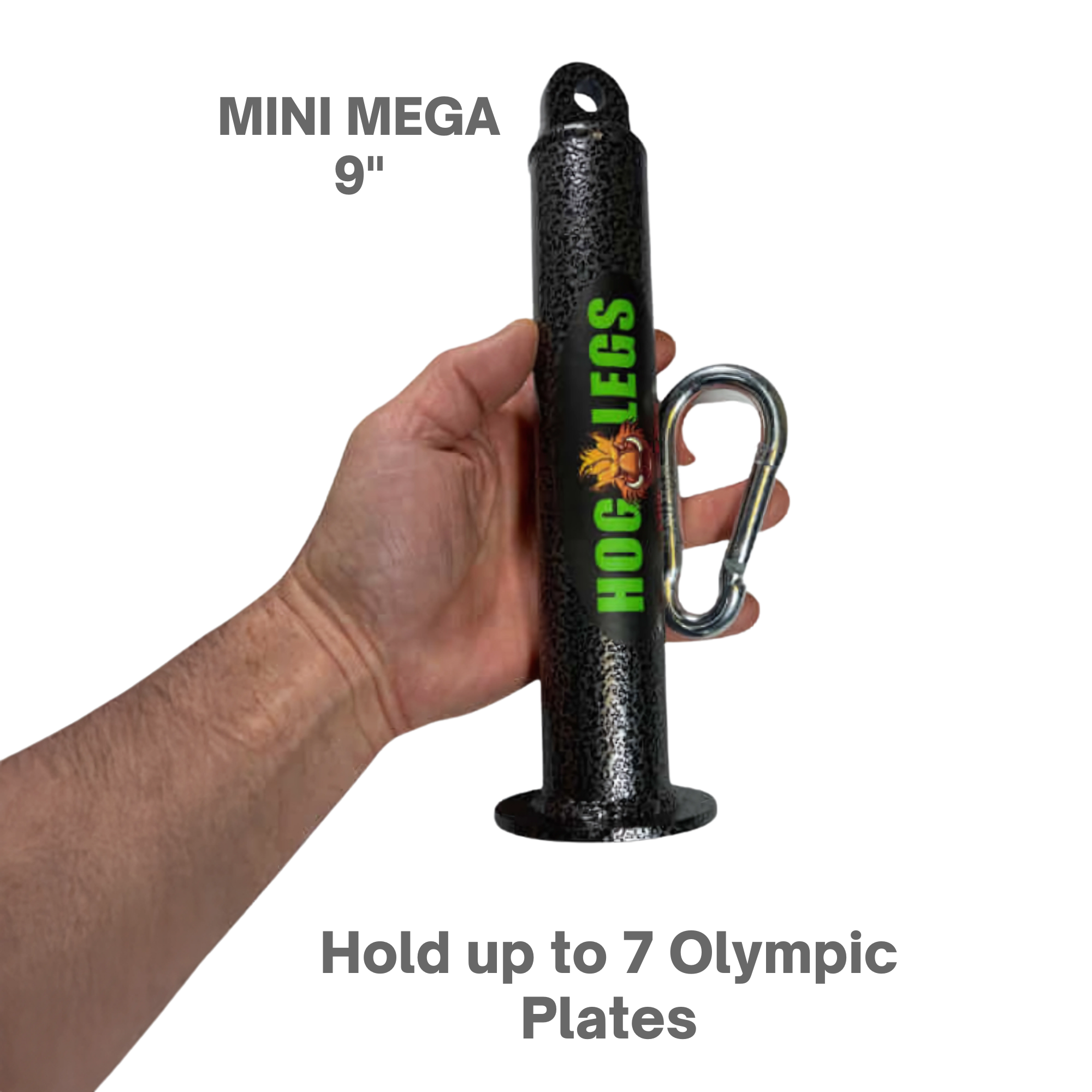 A hand holds a black "HOG LEGS Weight Load Pins / Weight Plate Holders" grip, labeled "Mini Mega 9”," with text: “Hold up to 7 Olympic Weight Plates.” Ideal for serious strength training and compatible with any load pin.