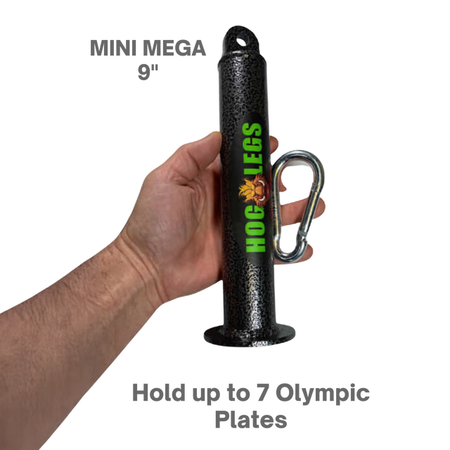 A hand holds a black "HOG LEGS Weight Load Pins / Weight Plate Holders" grip, labeled "Mini Mega 9”," with text: “Hold up to 7 Olympic Weight Plates.” Ideal for serious strength training and compatible with any load pin.
