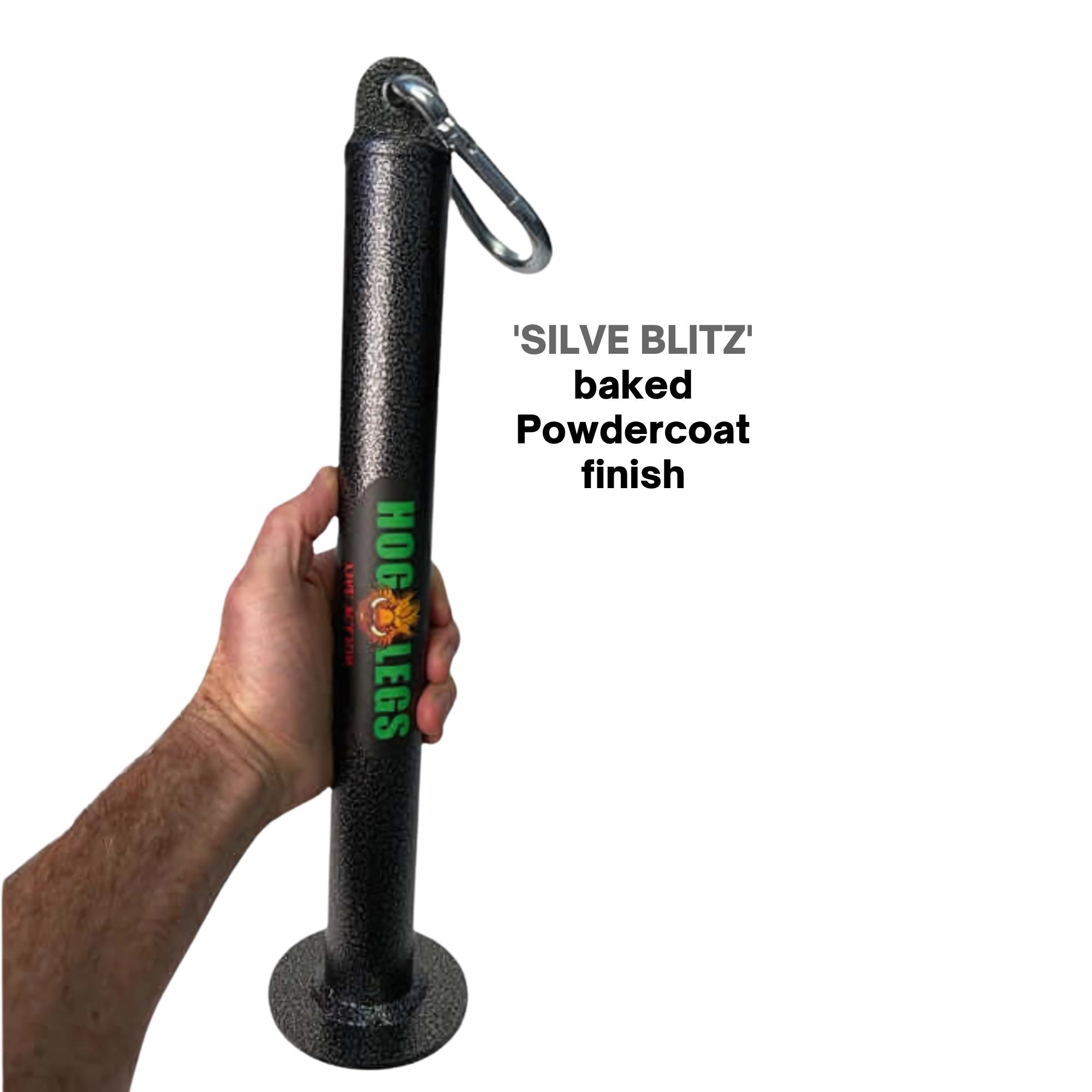 A hand holds a HOG LEGS Weight Load Pin / Weight Plate Holder, made of black metal with "HOG LEGS" text and a carabiner on top, ideal for strength training, set against a black background.