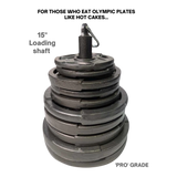 HOG LEGS Weight Load Pins/Weight Plate Holders with stacked black plates on a 15-inch shaft—ideal for strength training and bodybuilding, labeled "PRO' GRADE" at the bottom right.