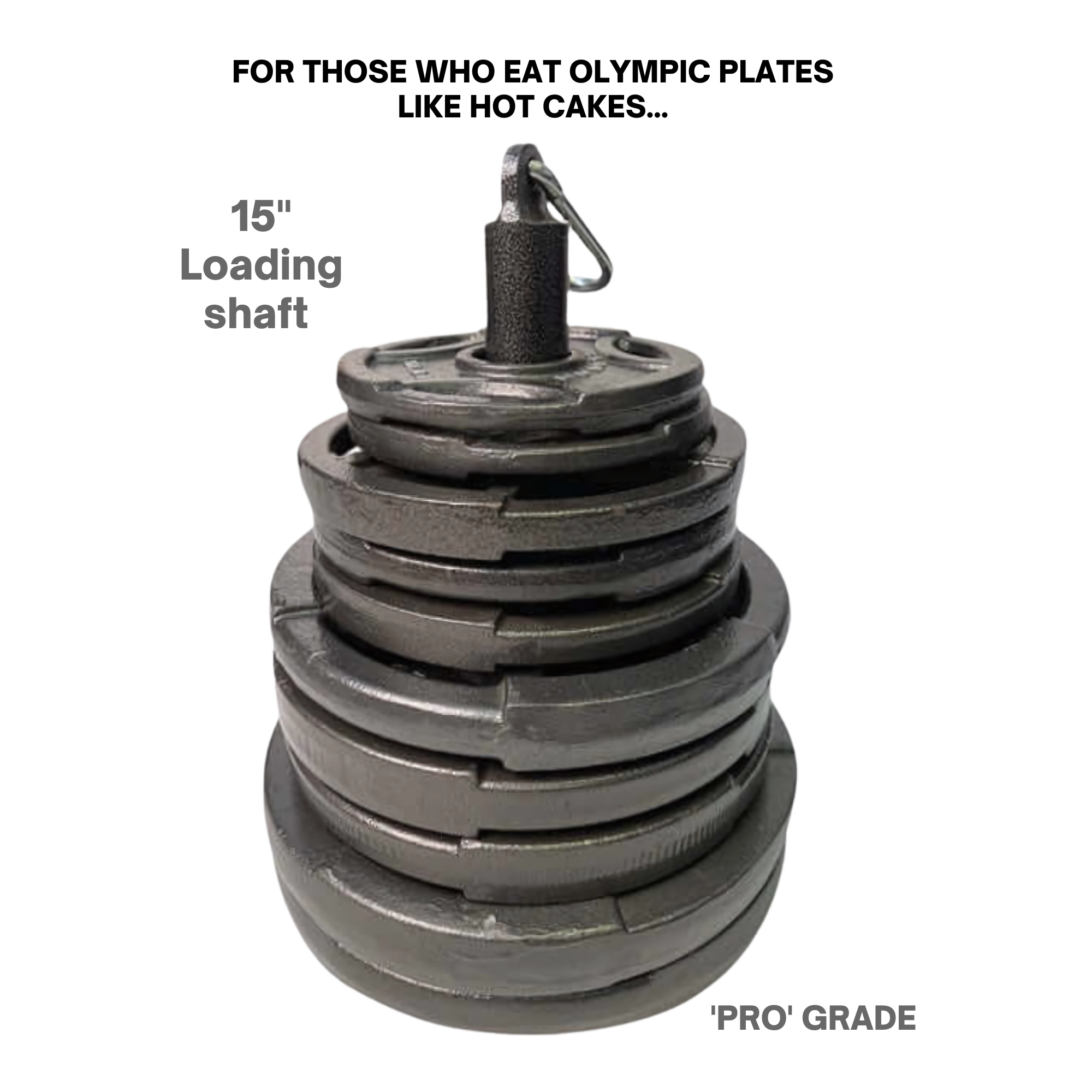 HOG LEGS Weight Load Pins/Weight Plate Holders with stacked black plates on a 15-inch shaft—ideal for strength training and bodybuilding, labeled "PRO' GRADE" at the bottom right.