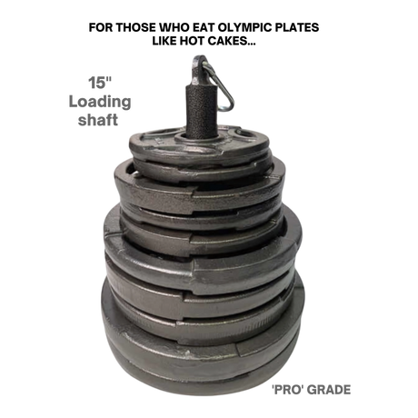 HOG LEGS Weight Load Pins/Weight Plate Holders with stacked black plates on a 15-inch shaft—ideal for strength training and bodybuilding, labeled "PRO' GRADE" at the bottom right.