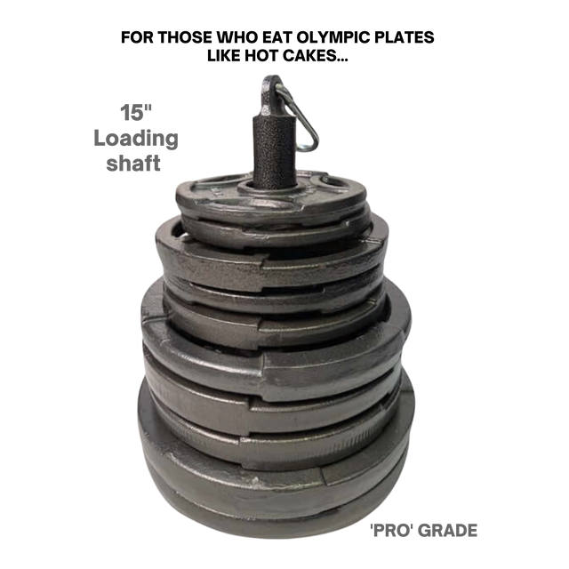 HOG LEGS Weight Load Pins/Weight Plate Holders with stacked black plates on a 15-inch shaft—ideal for strength training and bodybuilding, labeled "PRO' GRADE" at the bottom right.