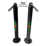 HOG LEGS Weight Load Pins / Weight Plate Holders: Pair of black vertical Olympic plate holders with "HOG LEGS" logo and metal carabiners—perfect as loading pins for your Olympic weight plates during strength training.