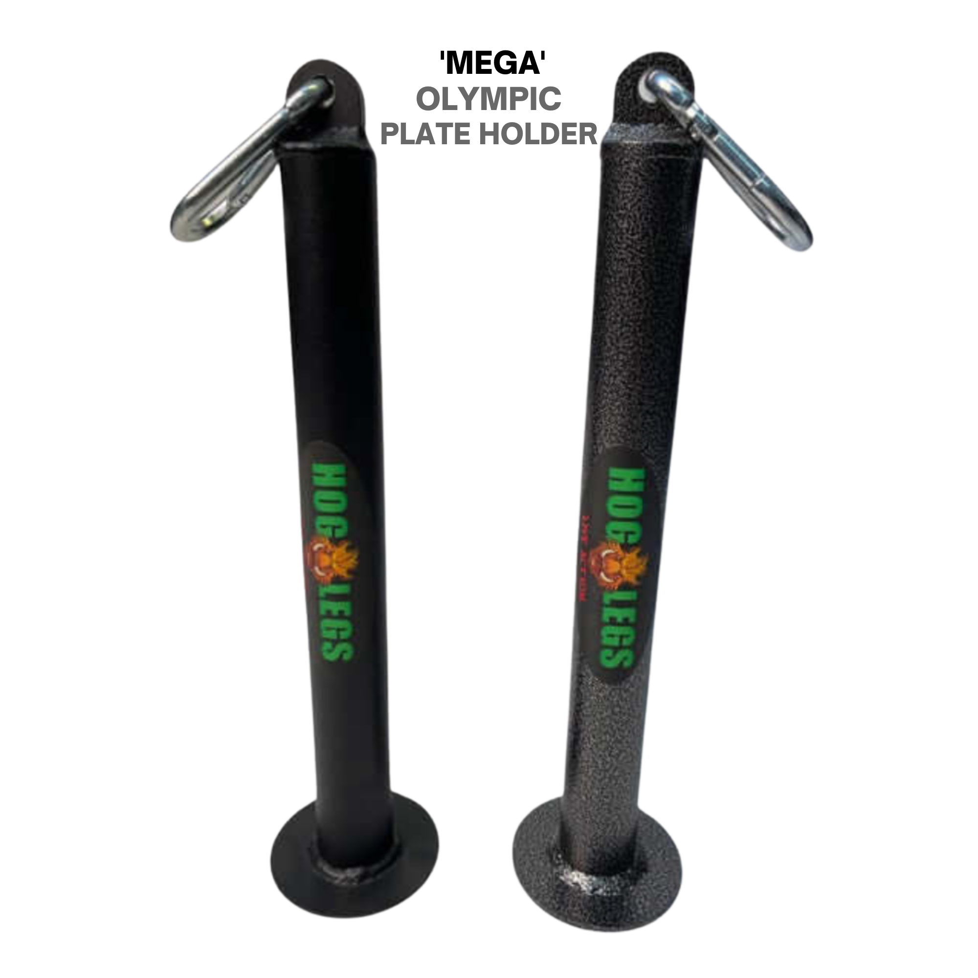 HOG LEGS Weight Load Pins / Weight Plate Holders: Pair of black vertical Olympic plate holders with "HOG LEGS" logo and metal carabiners—perfect as loading pins for your Olympic weight plates during strength training.