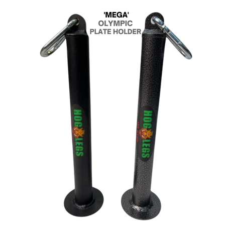 HOG LEGS Weight Load Pins / Weight Plate Holders: Pair of black vertical Olympic plate holders with "HOG LEGS" logo and metal carabiners—perfect as loading pins for your Olympic weight plates during strength training.