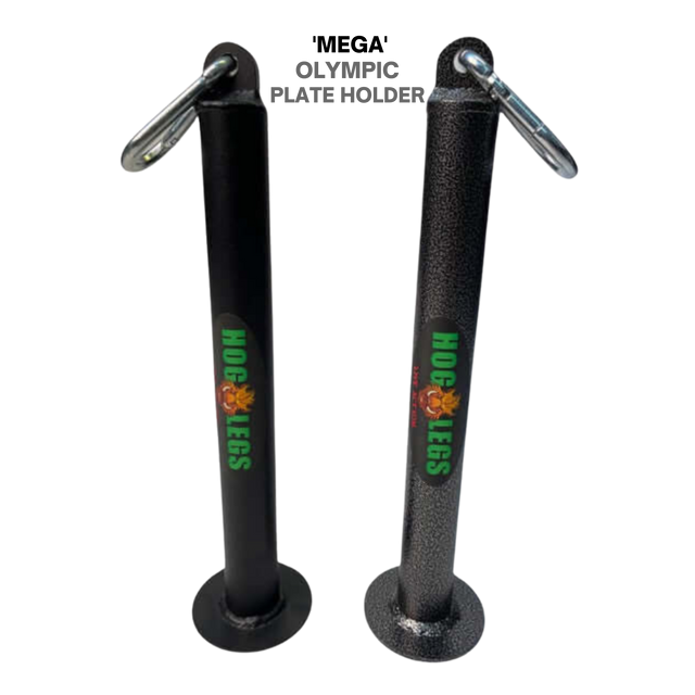 HOG LEGS Weight Load Pins / Weight Plate Holders: Pair of black vertical Olympic plate holders with "HOG LEGS" logo and metal carabiners—perfect as loading pins for your Olympic weight plates during strength training.