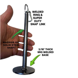 Hand holding a HOG LEGS Weight Load Pin with labeled arrows showing its thickness and base—perfect for strength training with Olympic Weight Plates.
