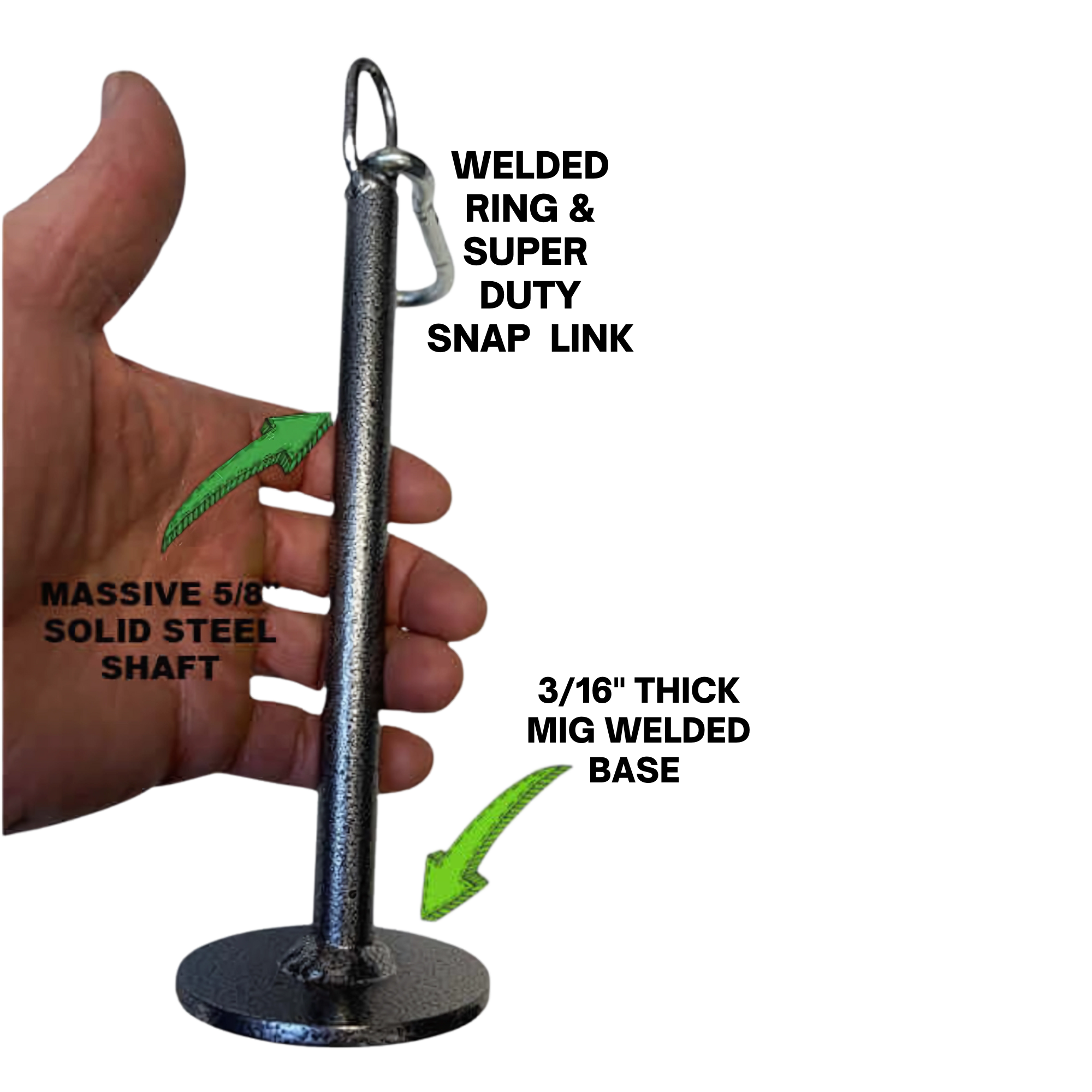 Hand holding a HOG LEGS Weight Load Pin with labeled arrows showing its thickness and base—perfect for strength training with Olympic Weight Plates.