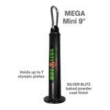 The Black MEGA Mini 9" grip tool features the "Hog Legs" logo, a metal hook, and details on weight and finish—ideal for strength training using HOG LEGS Weight Load Pins / Weight Plate Holders or Olympic Weight Plates.