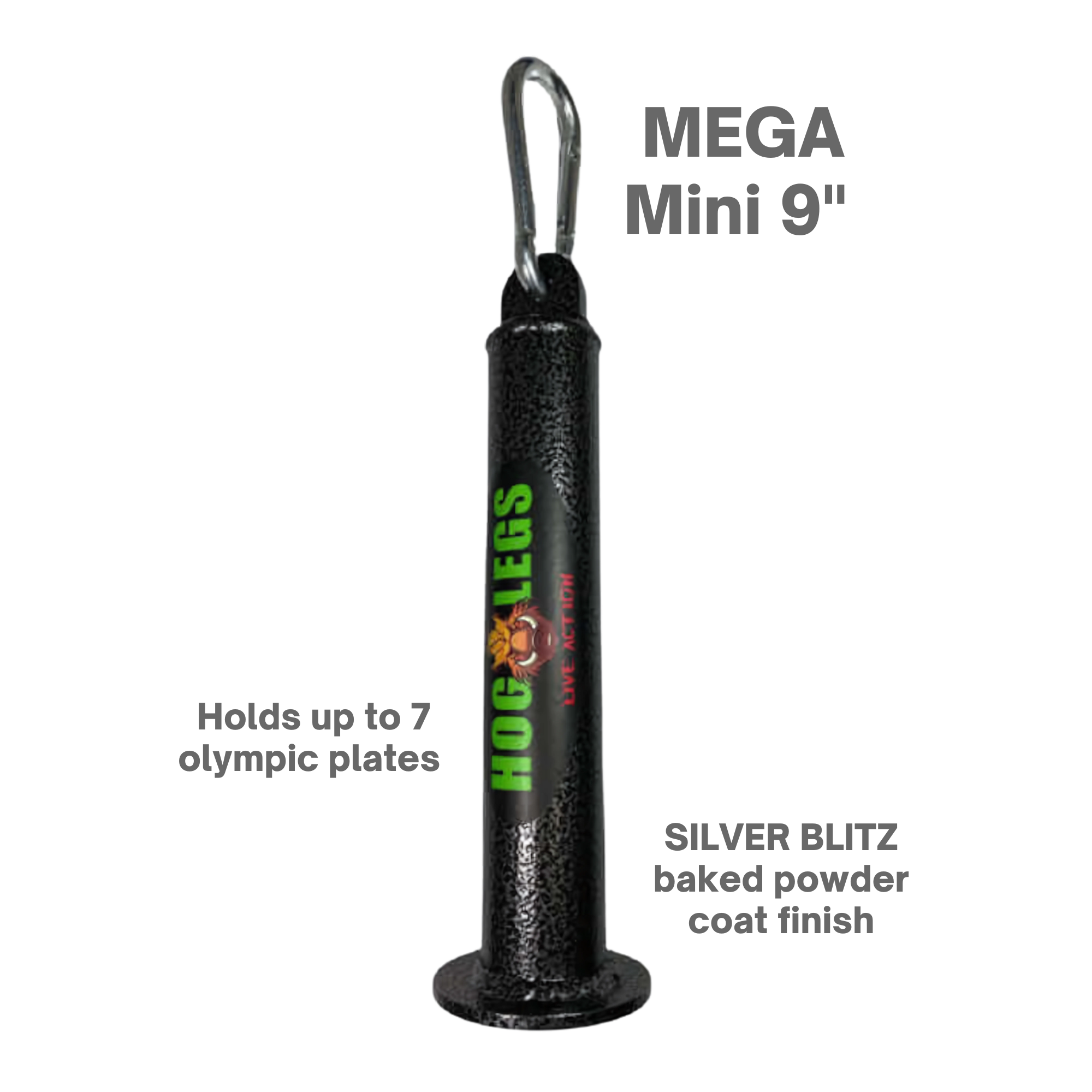 The Black MEGA Mini 9" grip tool features the "Hog Legs" logo, a metal hook, and details on weight and finish—ideal for strength training using HOG LEGS Weight Load Pins / Weight Plate Holders or Olympic Weight Plates.