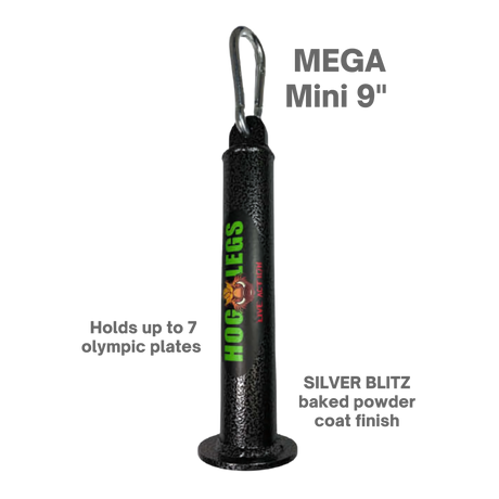 The Black MEGA Mini 9" grip tool features the "Hog Legs" logo, a metal hook, and details on weight and finish—ideal for strength training using HOG LEGS Weight Load Pins / Weight Plate Holders or Olympic Weight Plates.
