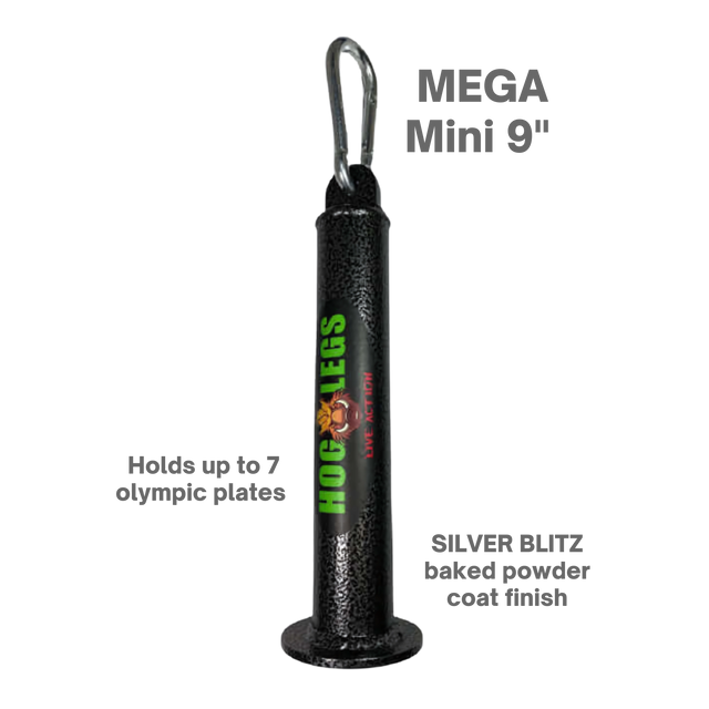 The Black MEGA Mini 9" grip tool features the "Hog Legs" logo, a metal hook, and details on weight and finish—ideal for strength training using HOG LEGS Weight Load Pins / Weight Plate Holders or Olympic Weight Plates.
