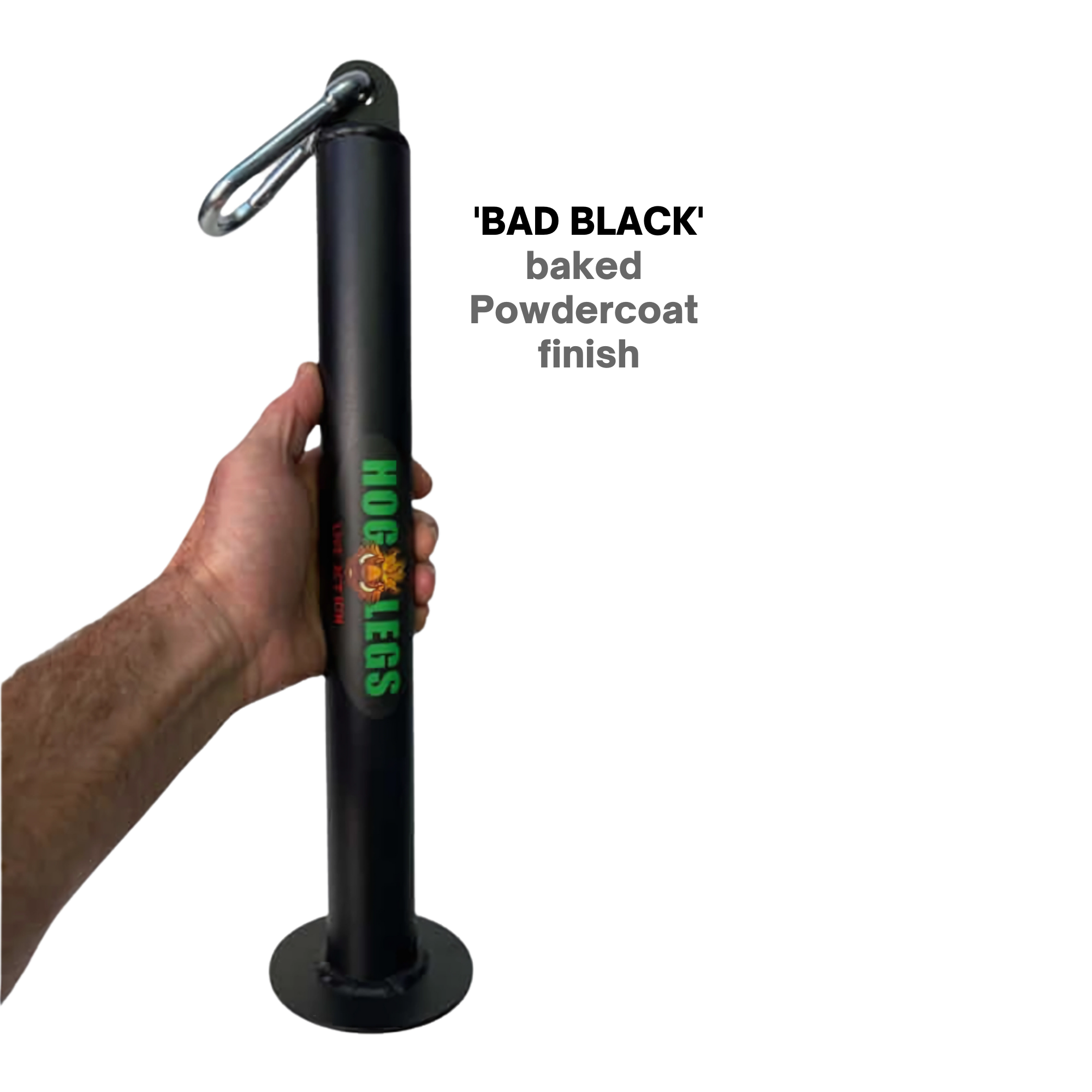 Hand holding a black HOG LEGS Weight Load Pin / Weight Plate Holder with "HOG LEGS" logo, text "baked Powdercoat finish," perfect for supporting Olympic Weight Plates during strength training setups.