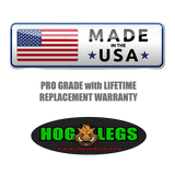 Sign with US flag says "Made in the USA." Below: "HOG LEGS Weight Load Pins / Weight Plate Holders with lifetime warranty," plus "Hog Legs" logo—perfect for serious strength training.