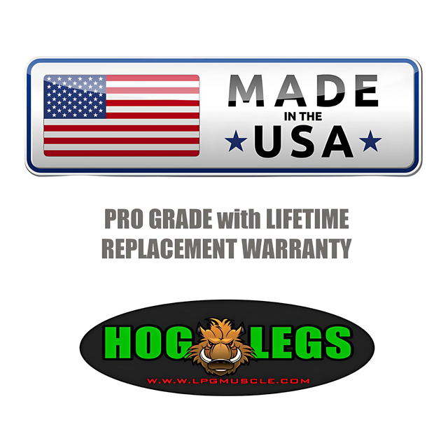 Sign with US flag says "Made in the USA." Below: "HOG LEGS Weight Load Pins / Weight Plate Holders with lifetime warranty," plus "Hog Legs" logo—perfect for serious strength training.