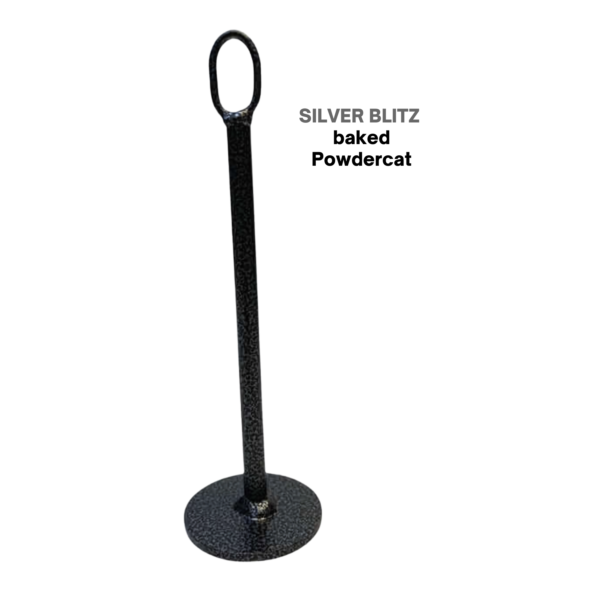 The HOG LEGS Weight Load Pins are black metal stakes with a circular base and oval top loop, designed for strength training and compatible with Olympic weight plates as weight plate holders.