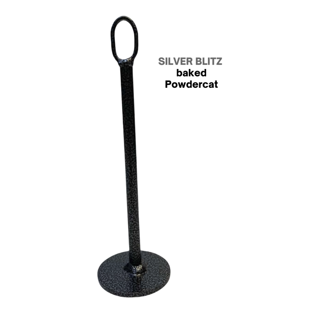 The HOG LEGS Weight Load Pins are black metal stakes with a circular base and oval top loop, designed for strength training and compatible with Olympic weight plates as weight plate holders.