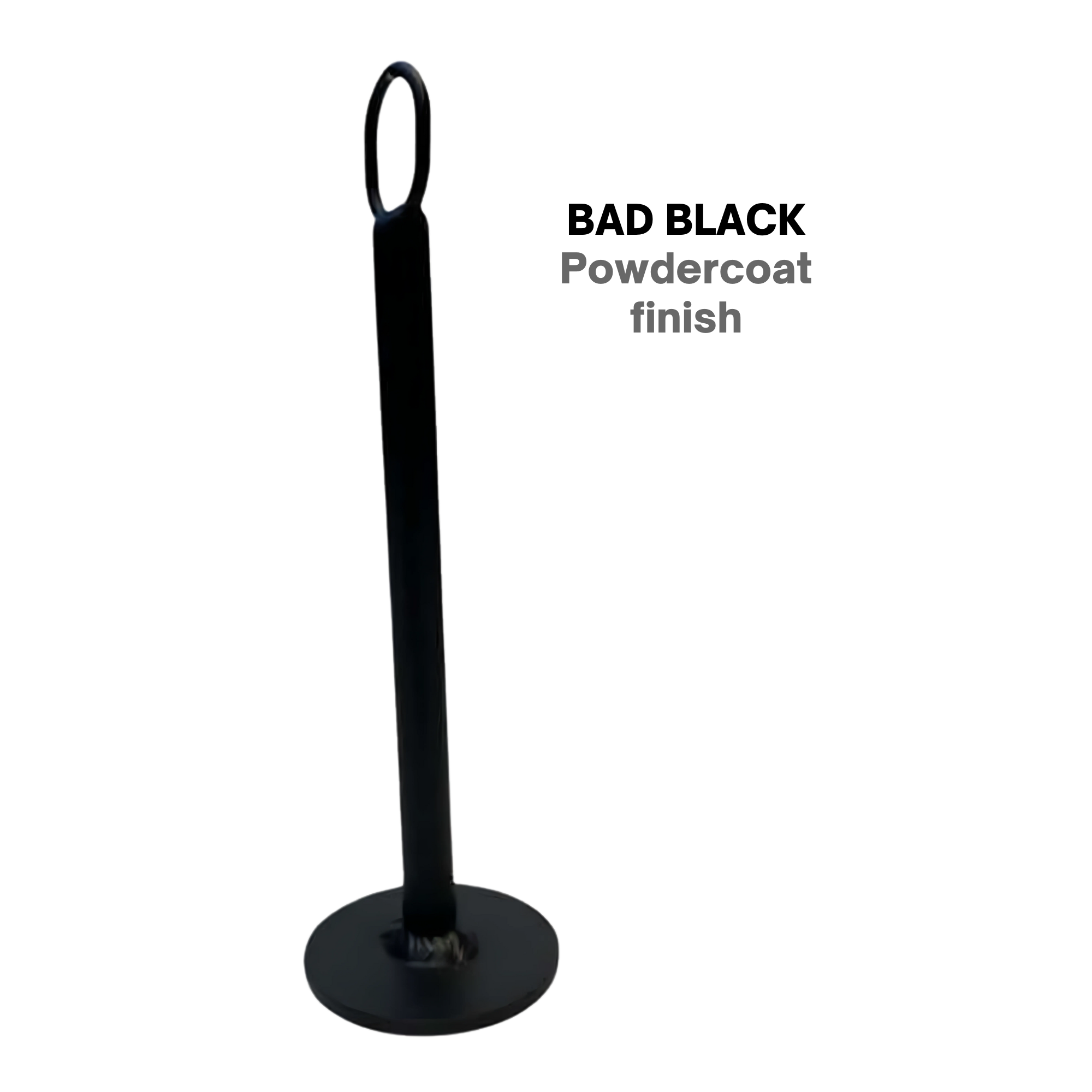 The HOG LEGS Weight Load Pins / Weight Plate Holders feature a black metal pole with a ring at the top and round base, perfect for strength training and securely holding Olympic weight plates. Powdercoat finish.