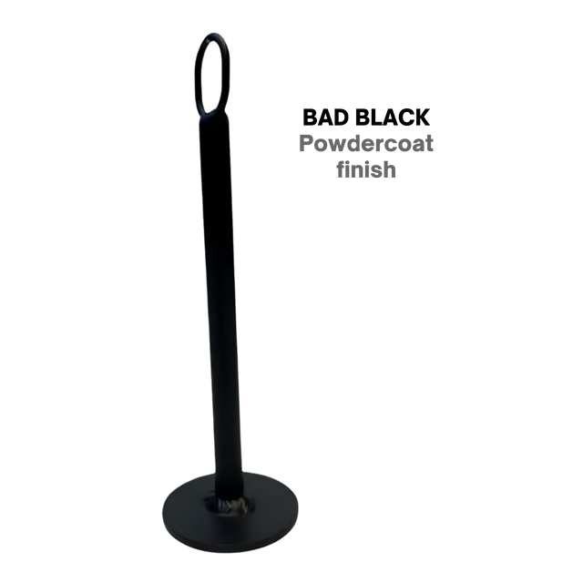 The HOG LEGS Weight Load Pins / Weight Plate Holders feature a black metal pole with a ring at the top and round base, perfect for strength training and securely holding Olympic weight plates. Powdercoat finish.