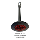The HOG LEGS Weight Load Pins / Weight Plate Holders feature a silver metal plate with a handle, center logo, and "SILVER BLITZ baked Powder coat finish." Ideal for strength training and compatible with Olympic weight plates.