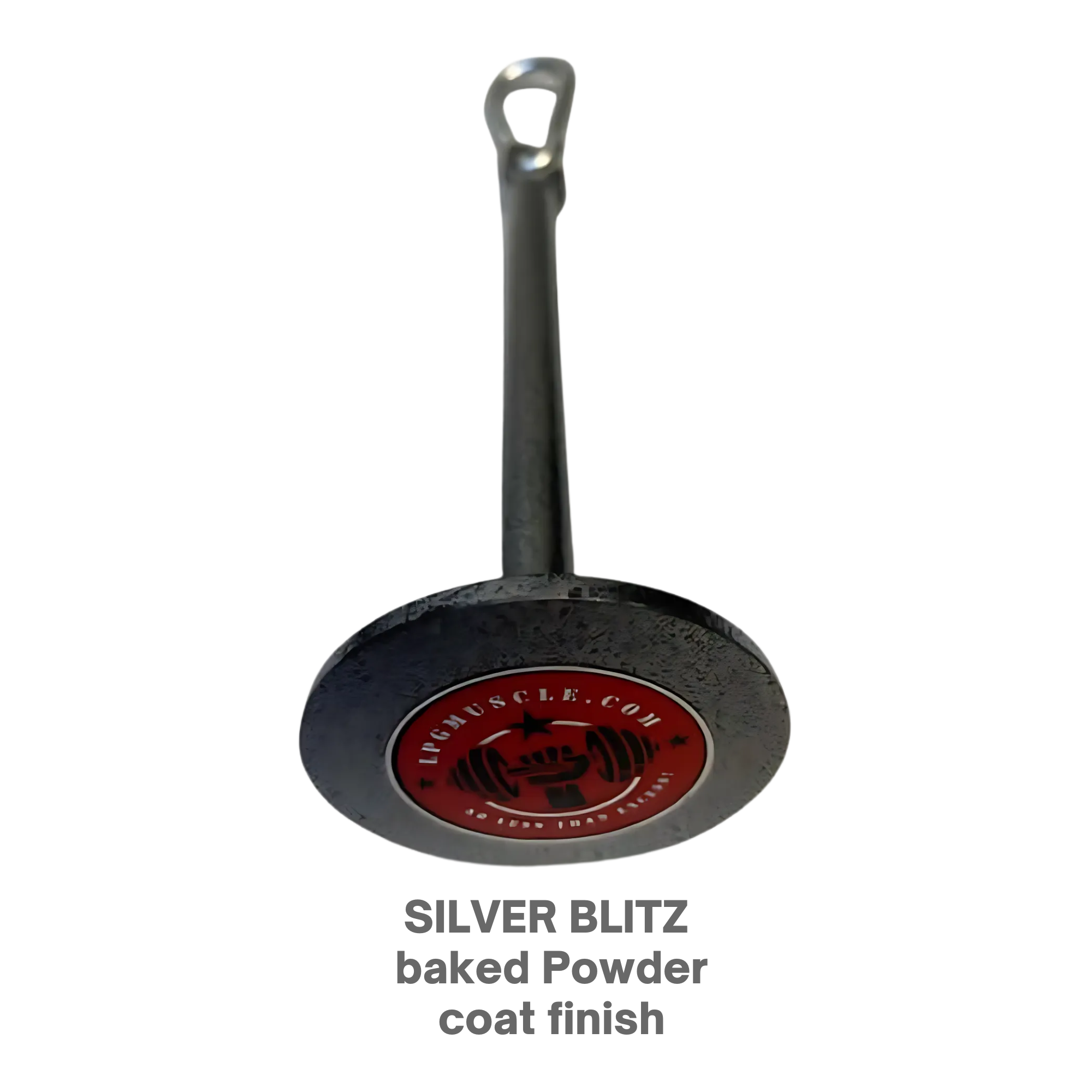 The HOG LEGS Weight Load Pins / Weight Plate Holders feature a silver metal plate with a handle, center logo, and "SILVER BLITZ baked Powder coat finish." Ideal for strength training and compatible with Olympic weight plates.
