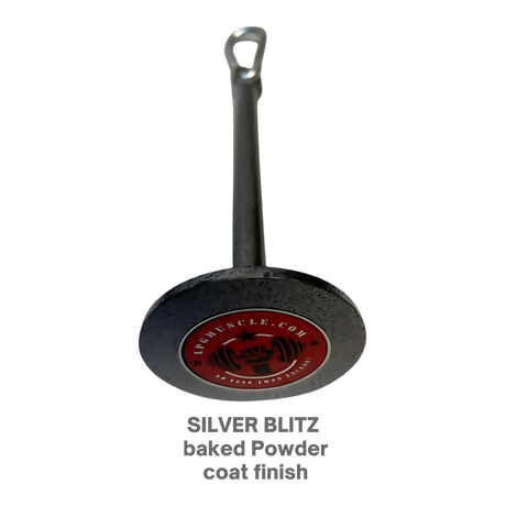 The HOG LEGS Weight Load Pins / Weight Plate Holders feature a silver metal plate with a handle, center logo, and "SILVER BLITZ baked Powder coat finish." Ideal for strength training and compatible with Olympic weight plates.