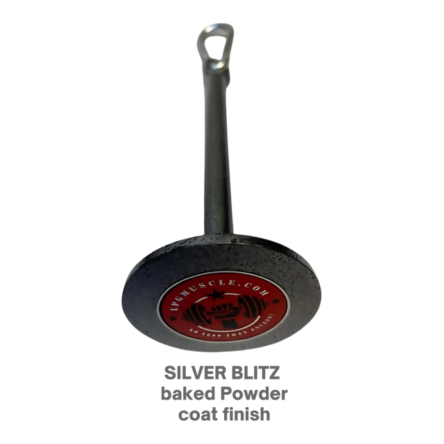 The HOG LEGS Weight Load Pins / Weight Plate Holders feature a silver metal plate with a handle, center logo, and "SILVER BLITZ baked Powder coat finish." Ideal for strength training and compatible with Olympic weight plates.