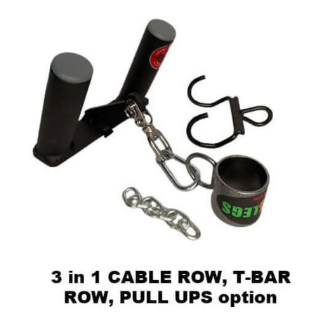 The HOG LEGS 'Multi-Row' Low Pulley Cable Row Handles Plus is an exercise attachment featuring dual barrels, chain, and hooks, making it ideal for T-bar rows, cable rows, seated rows, and pull-ups.