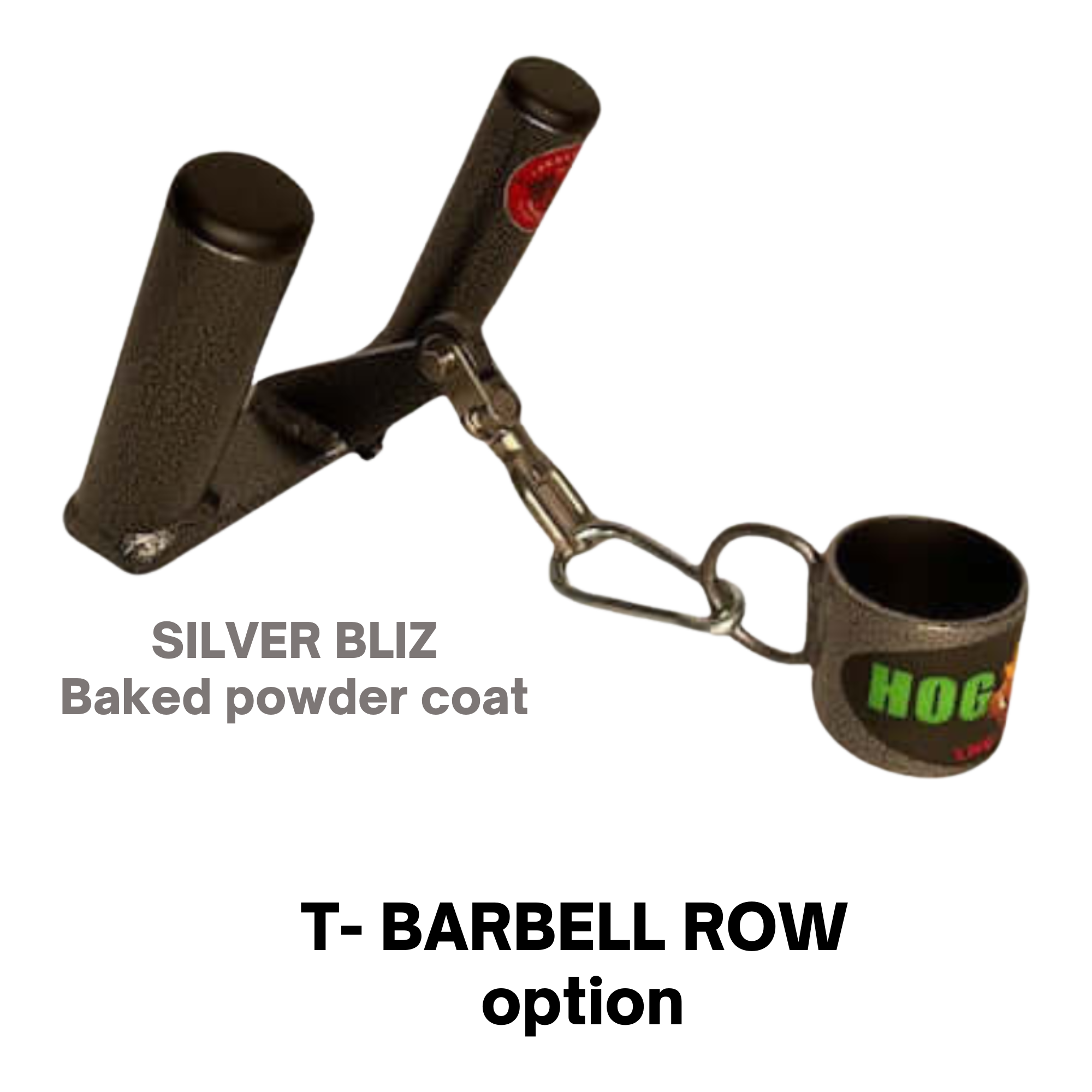 The HOG LEGS 'multi-row' Low Pulley Cable Row Handles Plus features a black metal lifting handle with carabiner and cup attachment, finished in SILVER BLIZ Baked powder coat—ideal for T-Bar Rows or boosting your Pull-Ups.