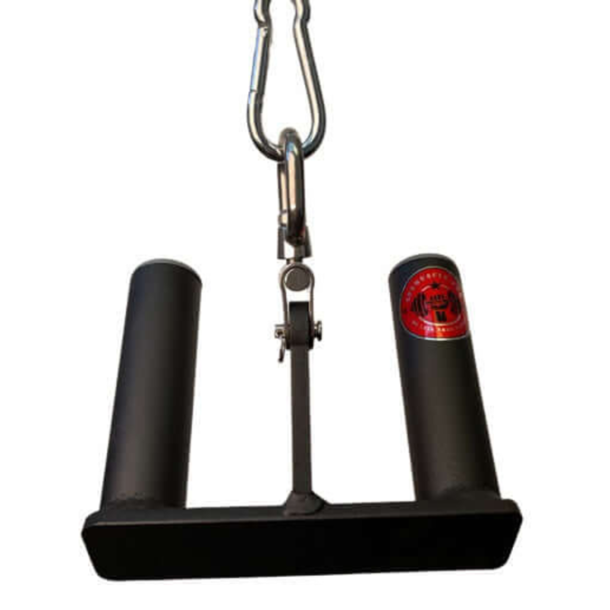 The HOG LEGS 'multi-row' Low Pulley Cable Row Handles Plus features black metal construction, two vertical handles, a red logo, and comes with a pull-up hook and snap link, perfect for T-Bar or FAT Grip cable rowing exercises.