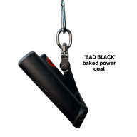 Close-up of the HOG LEGS 'multi-row' Low Pulley Cable Row Handles Plus with Pull Up Hook & Snap Link, attached to a carabiner and displayed against a sleek black background.