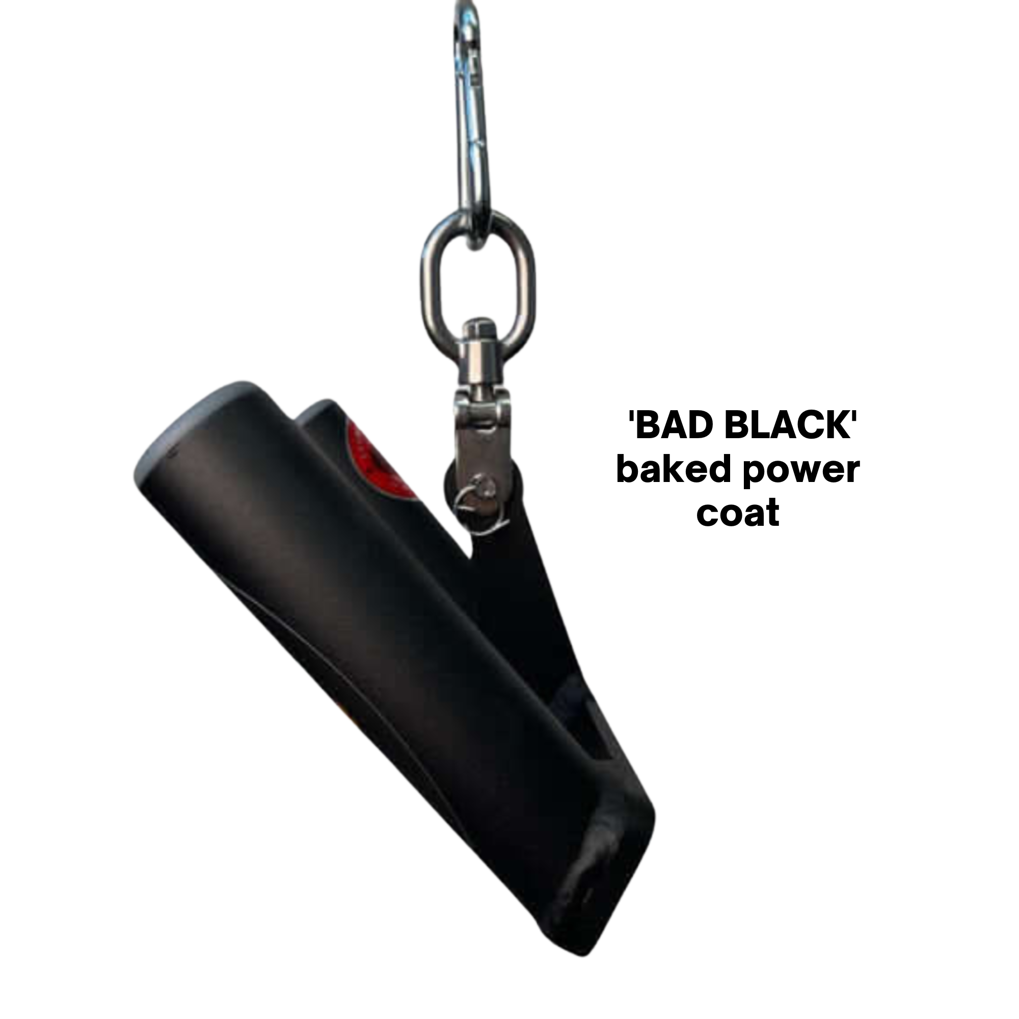 Close-up of the HOG LEGS 'multi-row' Low Pulley Cable Row Handles Plus with Pull Up Hook & Snap Link, attached to a carabiner and displayed against a sleek black background.