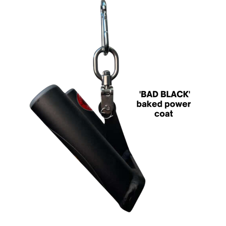 Close-up of the HOG LEGS 'multi-row' Low Pulley Cable Row Handles Plus with Pull Up Hook & Snap Link, attached to a carabiner and displayed against a sleek black background.