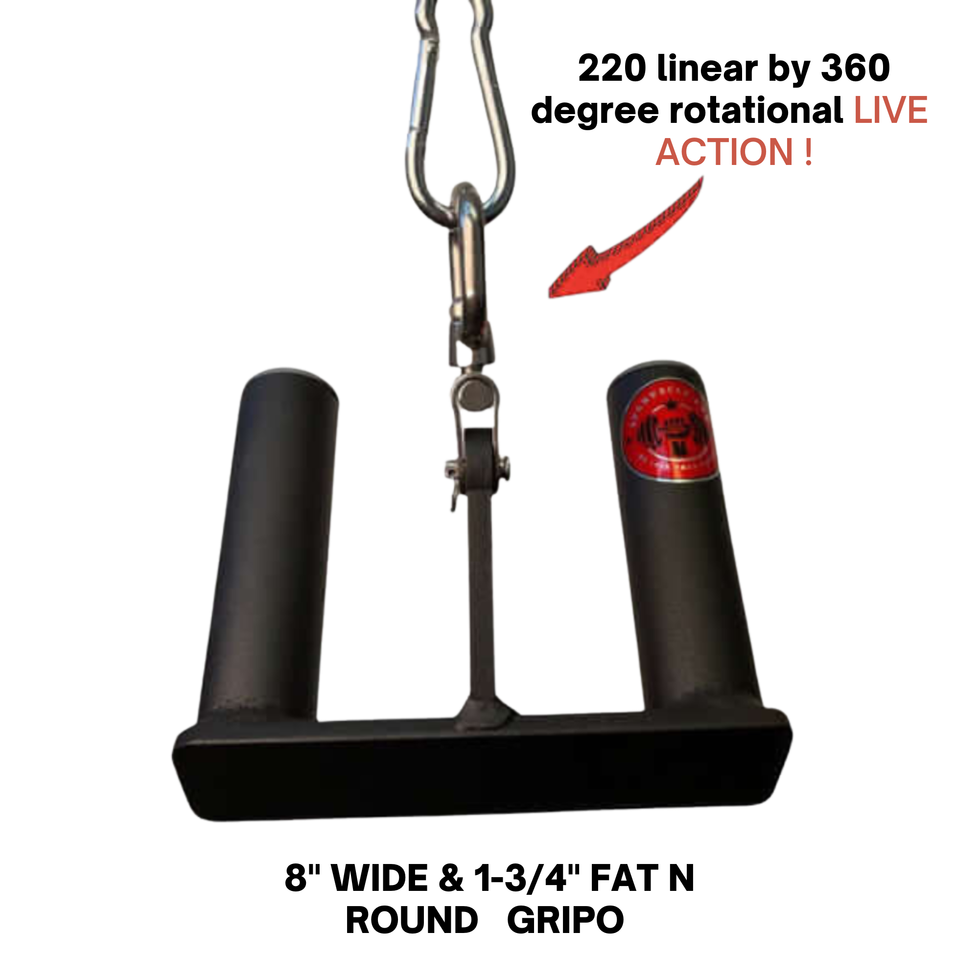 The HOG LEGS 'multi-row' Low Pulley Cable Row Handles Plus, with a pull-up hook and snap link, is perfect for T-Bar Row exercises and features a bold "LIVE ACTION!" label with a red arrow pointing to the clasp.