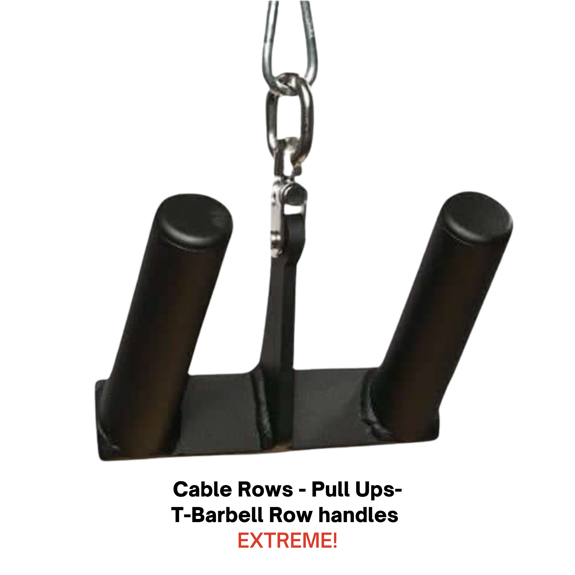 HOG LEGS 'multi-row' Low Pulley Cable Row Handles Plus with two vertical grips, Pull Up Hook & Snap Link—ideal for cable rows or T-Bar Rows. Hanging by a chain. Text below reads "EXTREME!.