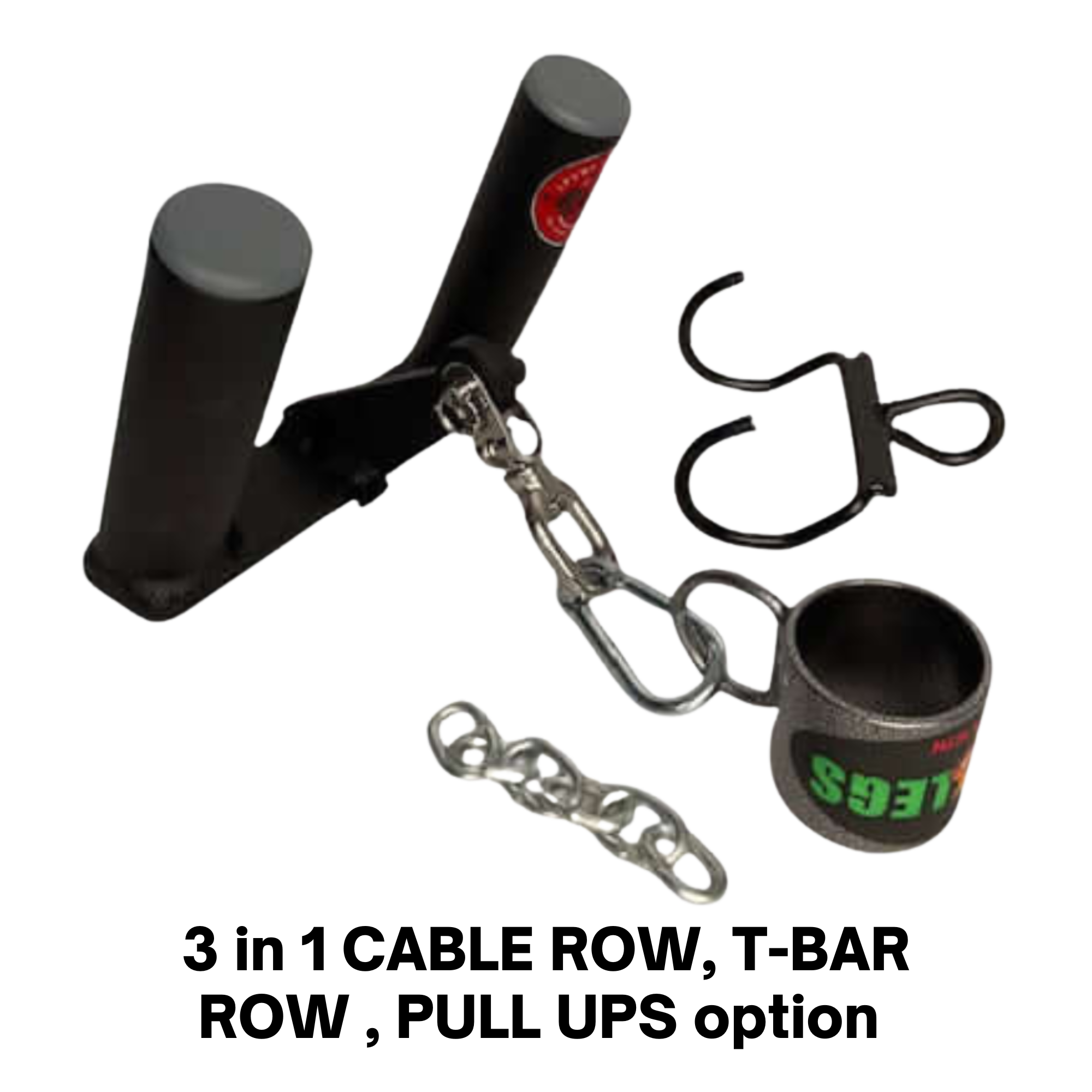The HOG LEGS 'multi-row' Low Pulley Cable Row Handles Plus set includes pull up hooks and a snap link—ideal for organizing your setup for T-Bar Rows or FAT Grip Cable Rowing, all shown on a white background.