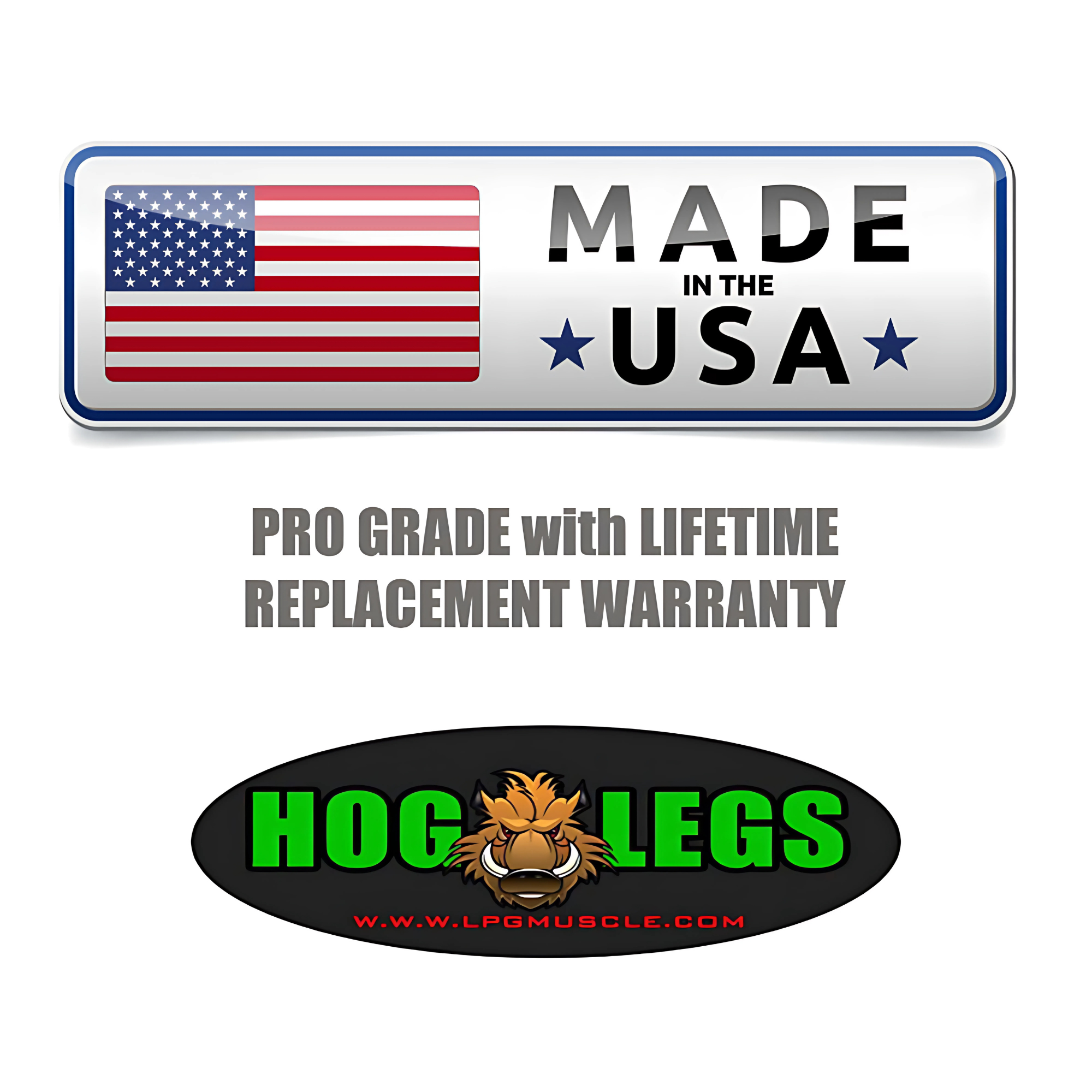 Made in the USA, pro-grade HOG LEGS 'multi-row' Low Pulley Cable Row Handles Plus—Pull Up Hook & Snap Link—with lifetime replacement warranty. Ideal for T-Bar Row and FAT Grip Cable Rowing. Hog Legs logo at bottom.