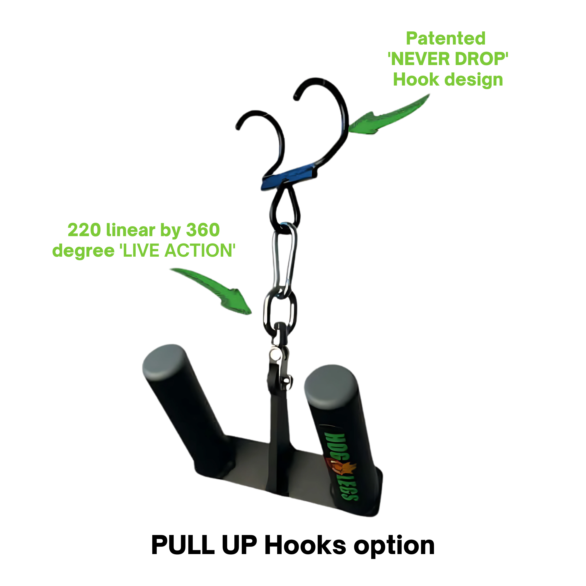 The HOG LEGS 'multi-row' Low Pulley Cable Row Handles Plus features dual handles, a patented pull-up hook with snap link, and "never drop" and "live action" grip—engineered for strength and control like a T-Bar Row.