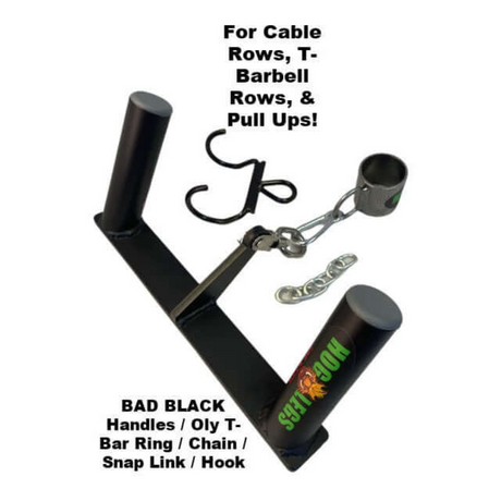 Meet the HOG LEGS Multi-Row 'Wide' Back Cable Exercises Handles—the ultimate gym accessory set for rowing and pull-up workouts. Complete with bars, chain, snap hook, and T-Bar Row additions to elevate your exercise experience.