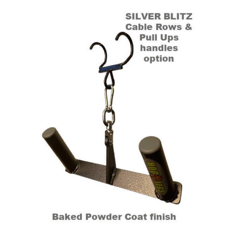 The HOG LEGS Multi-Row 'Wide' Back Cable Exercises Handles have a sleek silver finish, labeled "SILVER BLITZ." They include versatile pull-up handles and hooks for optimal grip, perfectly suited for T-Bar Row exercises with robust construction.