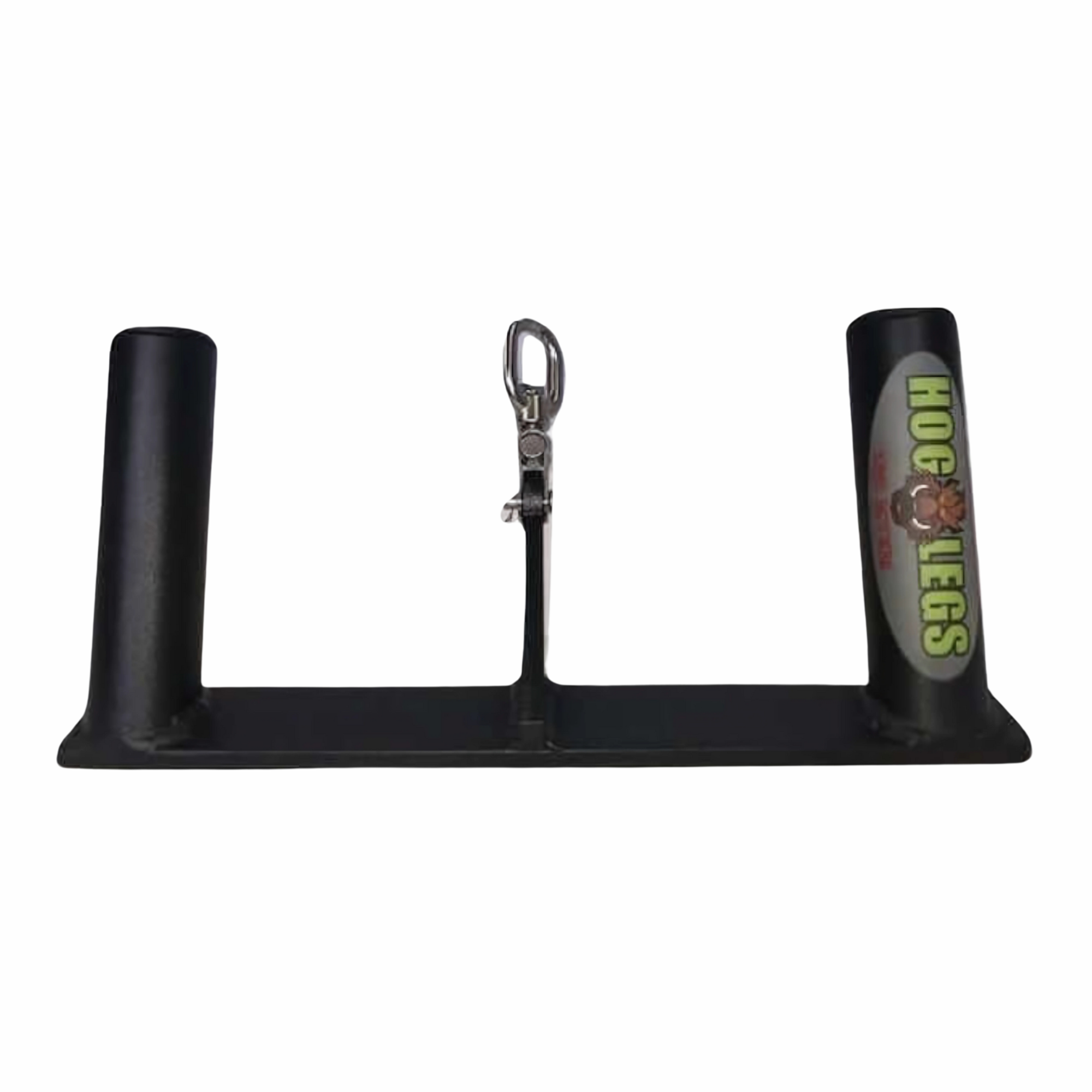 The HOG LEGS Multi-Row 'Wide' Back Cable Exercise Handles feature a black metal stand with dual "Hog Legs" tubes and a central clip, ideal for attaching chin-up or T-bar row handles for versatile strength workouts.
