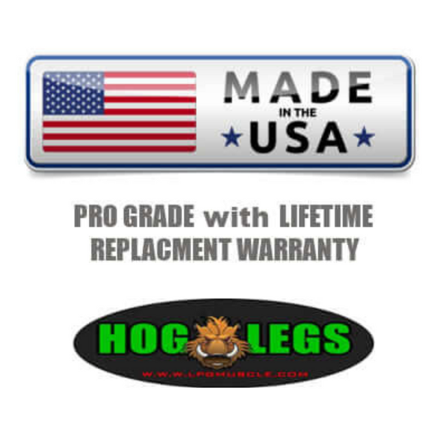 The label, adorned with an American flag, boasts "Made in the USA" alongside a lifetime warranty and the "Hog Legs" logo. Ideal for fitness enthusiasts, these HOG LEGS Multi-Row 'Wide' Back Cable Exercises Handles withstand intense workouts while showcasing quality craftsmanship.