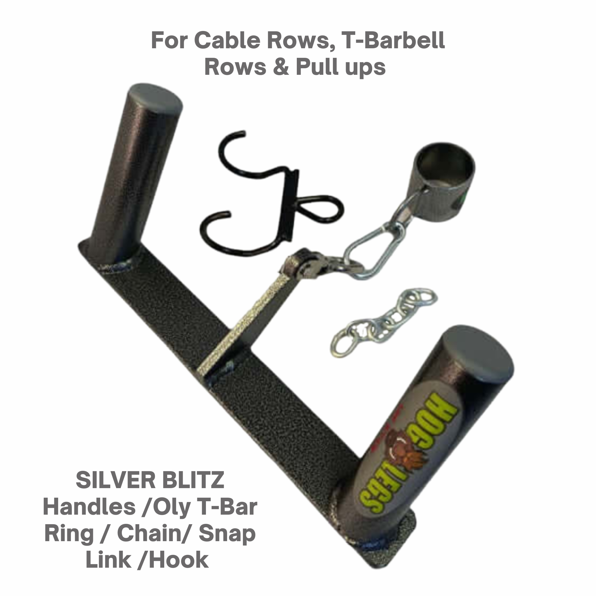 The HOG LEGS Multi-Row 'Wide' Back Cable Exercise Handles, shown on a white background, are perfect for cable rows or chin-ups and include sturdy black metal T-bar attachments.