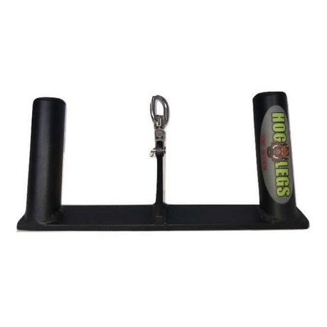 The sleek black metal HOG LEGS Multi-Row 'Wide' Back Cable Exercises Handles feature two vertical tubes and a central swivel hook. Labeled with a whimsical cartoon logo, it's perfect for T-Bar Rows, offering versatility and durability for any workout regimen.