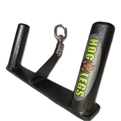 The HOG LEGS Multi-Row 'Wide' Back Cable Exercises Handles feature a sleek black metal design, dual handles, and a sturdy chain. With an illustration of a hog, these pull-up handles provide a unique grip for intense workouts.