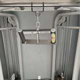 A close-up of HOG LEGS Multi-Row 'Wide' Back Cable Exercise Handles with grips and an attached yellow "ADD WEIGHT" tag.