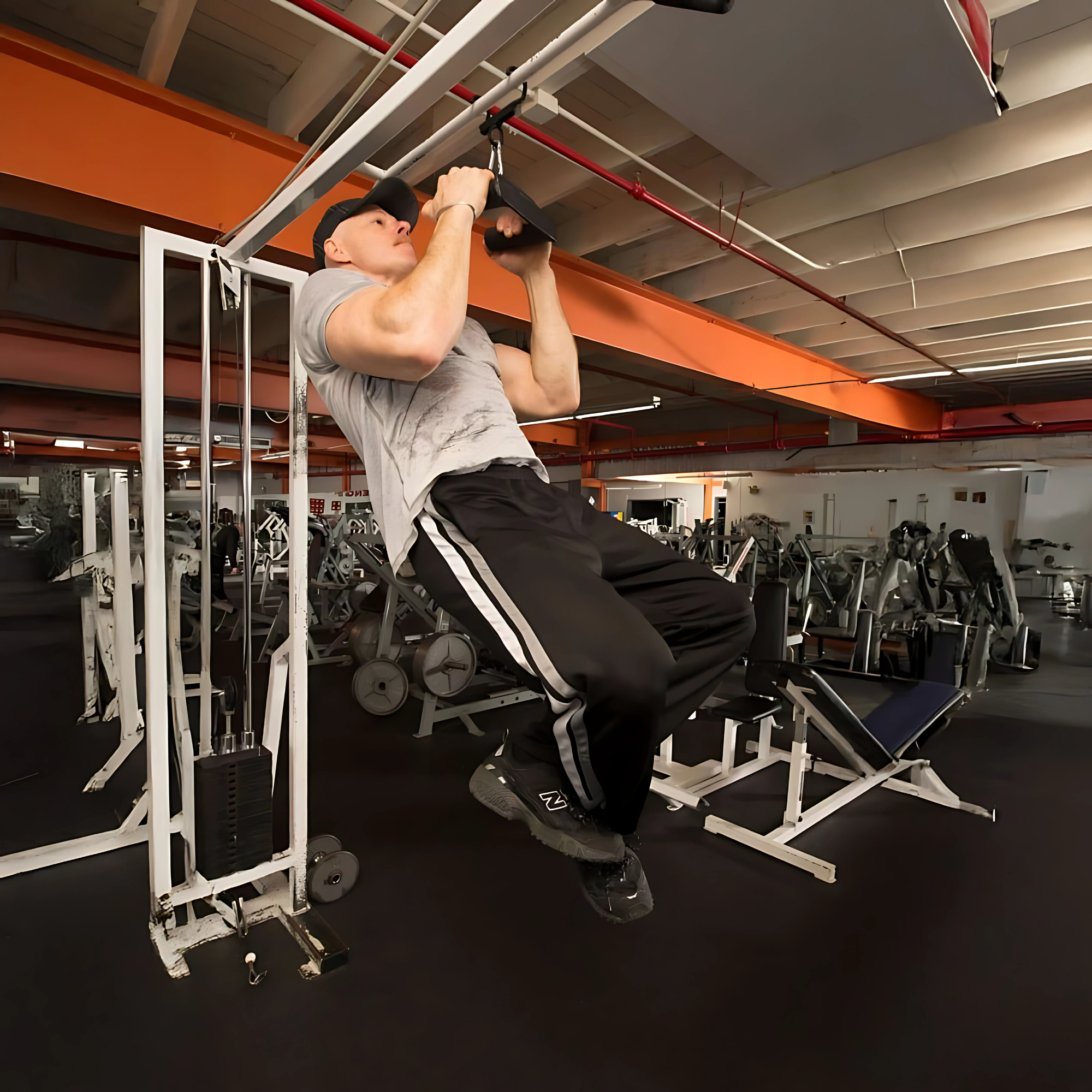 Man performing a pull-up exercise on HOG LEGS Multi-Row 'Wide' Back Cable Exercise Handles in a fitness center.