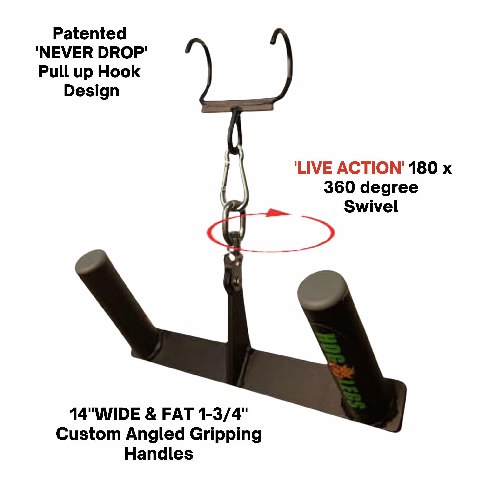 The HOG LEGS Multi-Row 'Wide' Back Cable Exercise Handles feature black metal with hooks, swivel clip, and wide angled grips—perfect for cable rows. Labeled features are highlighted in black and red text.