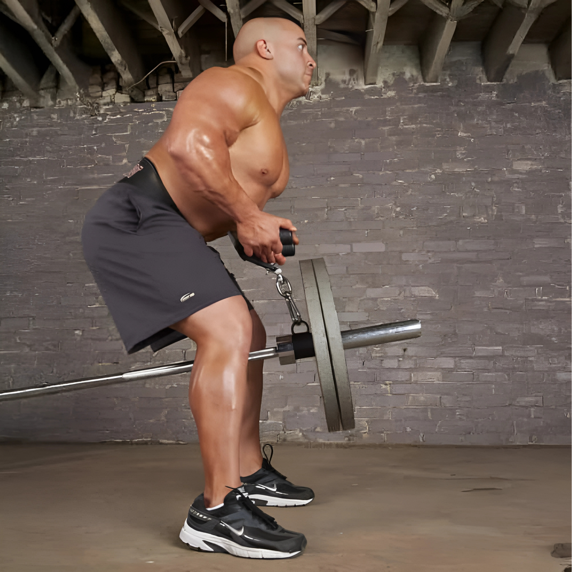 Man performing standing T-bar row in a gym using HOG LEGS Multi-Row 'Wide' Back Cable Exercise Handles, wearing black shorts and sneakers.